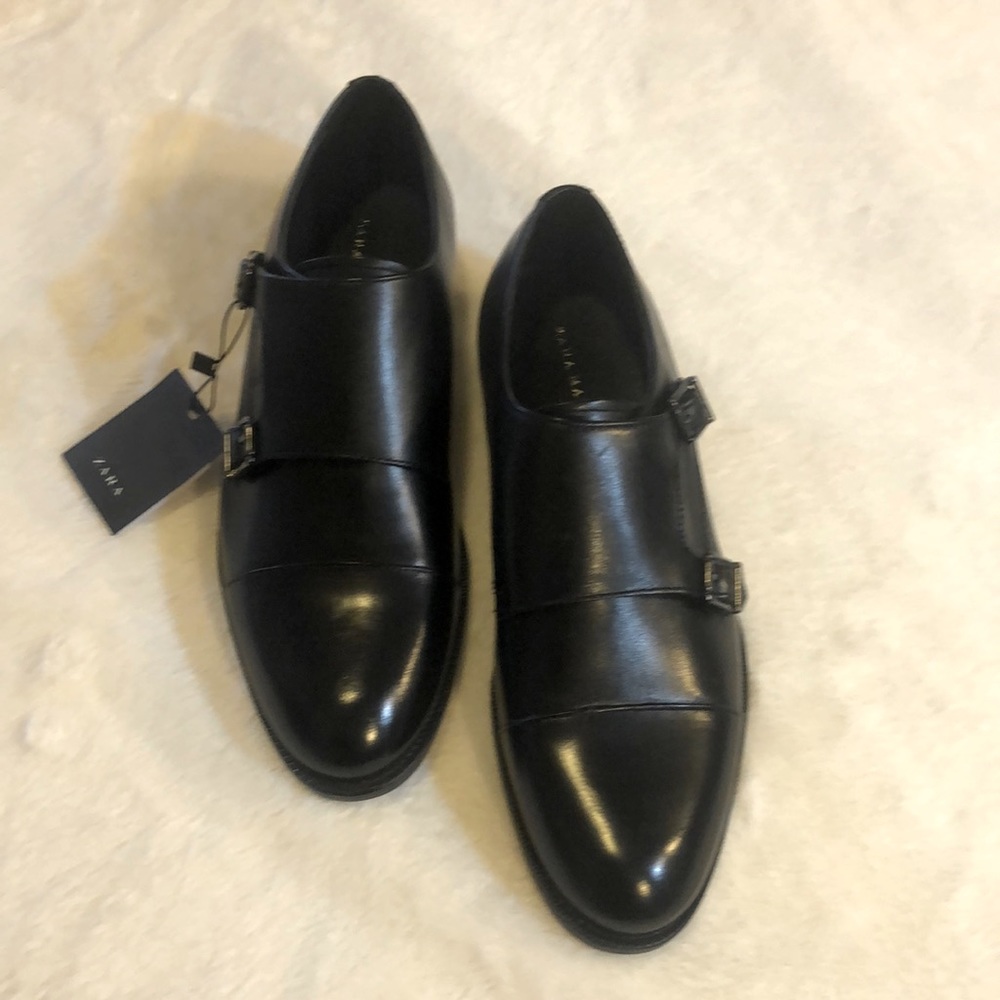 Zara Man Black Leather Almond Toe Monk Strap Loafers New Dress Shoes Size 7